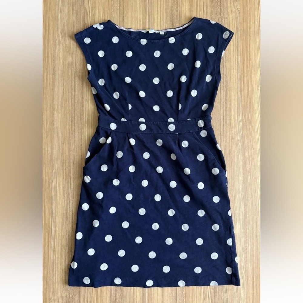 Boden Florrie Jersey Dress Sz 6P Navy Polka Dot Boat Neck Career Travel Coastal